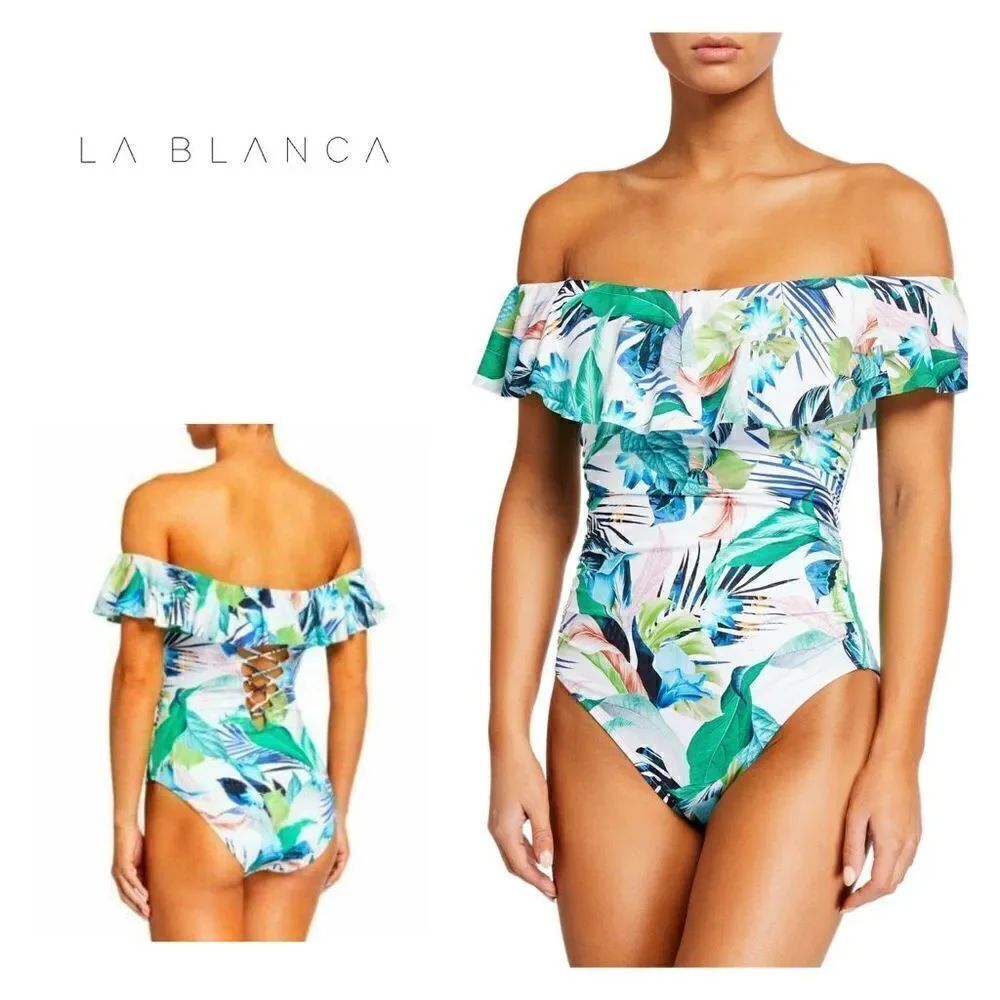 New. La Blanca floral ruffle off shoulder swimsuit. Size 16